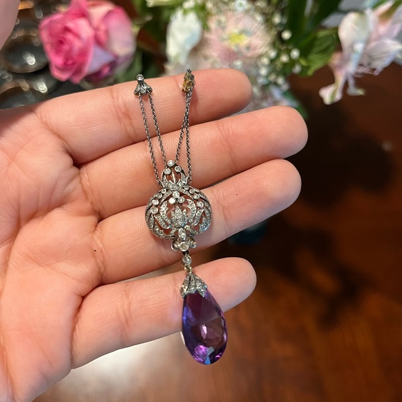 Antique diamond and amethyst drop necklace yellow gold and sterling silver - Picture 3 of 4